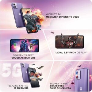 Motorola G64 5G (Ice Lilac, 12GB RAM, 256GB Storage) | Expandable Upto 2TB | Upto 24GB RAM with RAM Boost | 50MP (OIS) + 8MP | 16MP Front Camera | MediaTek Dimensity 7025 Processor | 6000 mAh Battery Motorola G64 5G (Ice Lilac, 12GB RAM, 256GB Storage) | Expandable Upto 2TB | Upto 24GB RAM with RAM Boost | 50MP (OIS) + 8MP | 16MP Front Camera | MediaTek Dimensity 7025 Processor | 6000 mAh Battery