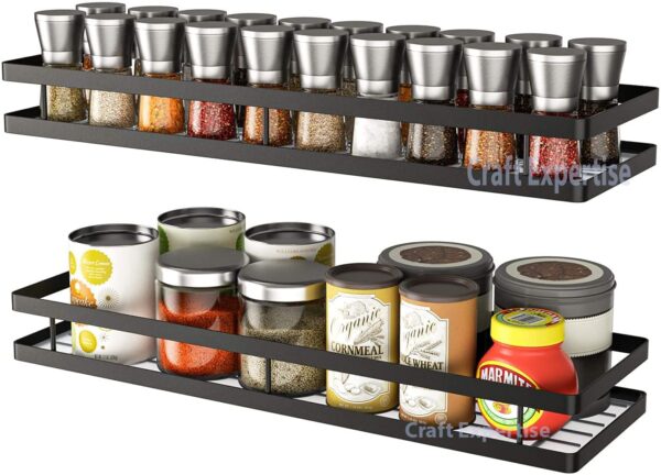 Craft Expertise Metal Spice Rack Organizer  Wall Mounted Hanging Shelf Holder for Kitchen Storage  Black Iron Spice Rack for Cabinet, Pantry & Countertop (16 x 5.25 x 2.5 Inches, Pack of 2)