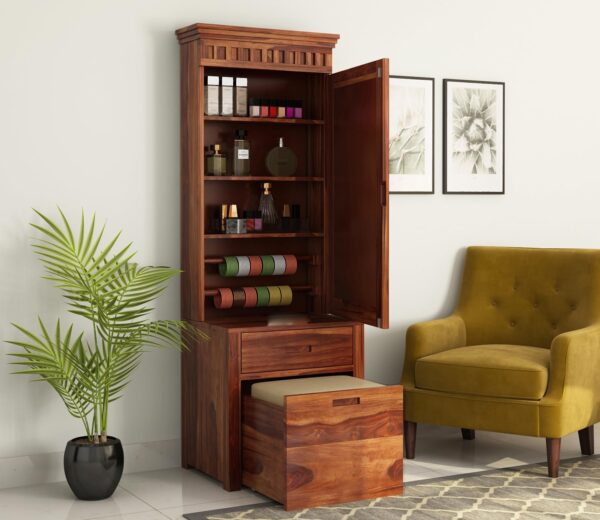 Krafting Kustoms Wood Dressing Table with Mirror Storage, Stool & Drawer, Honey Finish Krafting Kustoms Wood Dressing Table with Mirror Storage, Stool & Drawer, Honey Finish