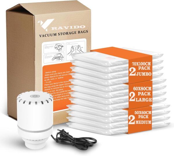 RAVIDO 6PCS Combo Vacuum Storage Bags (2*Medium/Large/Jumbo) with Electric Pump, Space Saver Bag Vacuum Seal Bags with Pump, Space Bag, Vacuum Sealer Bags for Clothes, Comforters, Blankets, Bedding RAVIDO 6PCS Combo Vacuum Storage Bags (2*Medium/Large/Jumbo) with Electric Pump, Space Saver Bag Vacuum Seal Bags with Pump, Space Bag, Vacuum Sealer Bags for Clothes, Comforters, Blankets, Bedding