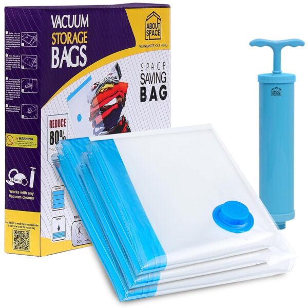 ABOUT SPACE 3 Pack Vacuum Bags for Travel with Hand Pump (1 Large/2 Medium) Polyamide Polyethylene Airtight Ziplock Reusable Space Saver Compression Storage Bags for Packing Vaccine Sealer Bags (Blue) ABOUT SPACE 3 Pack Vacuum Bags for Travel with Hand Pump (1 Large/2 Medium) Polyamide Polyethylene Airtight Ziplock Reusable Space Saver Compression Storage Bags for Packing Vaccine Sealer Bags (Blue)