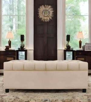 AMATA Eagle Solid Wood 2 Seater Ottoman/pouffe Cream Suede Velvet Fabric Perfect for Home Living Office Room and Guests (Cream 3, 2 Seater)(3 Year Warranty)