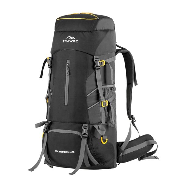 TRAWOC FLYSPECK 65 Liter Hiking Trekking Bag Camping Rucksack Travel Backpack for Men & Women with Shoe Compartment MHK001, 3 Year Warranty, Black