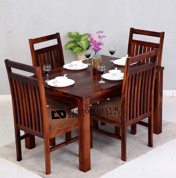 RECTART sheesham Wood Standard Dining Table 4 Seater | Wooden Dining Room Furniture | 4 Chairs with Cushion | Honey Teak Brown Finish