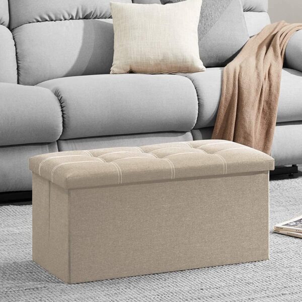 HROY Foldable Storage Ottoman Cube and Toy Box with Cushion Lid  Collapsible Footrest Stool with Hidden Storage Box for Living Room, Playroom, Bedroom (76L x 38W x 38H cm)(Beige, Rectangular)