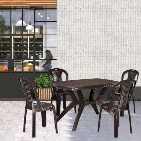 Nilkamal Plastic Shahenshah Kross Leg 4 Seater Dining Set for Indoor & Outdoor, Home, Office, Restaurants (Weather Brown)