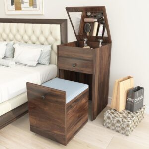 Studio Kook Beleza Dressing Table, Dresser Unit With Mirror, Seating And Storage, Matte Finish (Junglwood), Brown Studio Kook Beleza Dressing Table, Dresser Unit With Mirror, Seating And Storage, Matte Finish (Junglwood), Brown