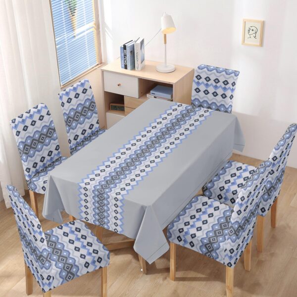 HOKIPO Polyester Elastic Dining Chair Covers Set of 6 with Matching Tablecloth, Mosaic Blissful Blue (AR-4803-D5), Rectangular