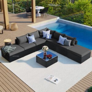 OUTLIVING Outdoor Garden Patio Seating Sofa Set with Center Table 7 Seater Sofa Set for Balcony Wicker Rattan Garden Sofa Set with Cushion and Center Table (Black, Rattan) OUTLIVING Outdoor Garden Patio Seating Sofa Set with Center Table 7 Seater Sofa Set for Balcony Wicker Rattan Garden Sofa Set with Cushion and Center Table (Black, Rattan)