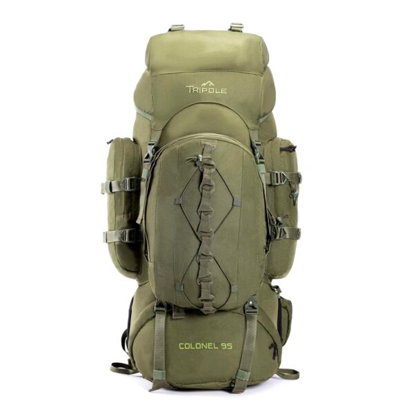 Tripole Colonel Metal Frame 95L Rucksack with Detachable Bag & Rain Cover for Trekking & Travelling | Men & Women | 3 Year Warranty (Olive Green, 95)