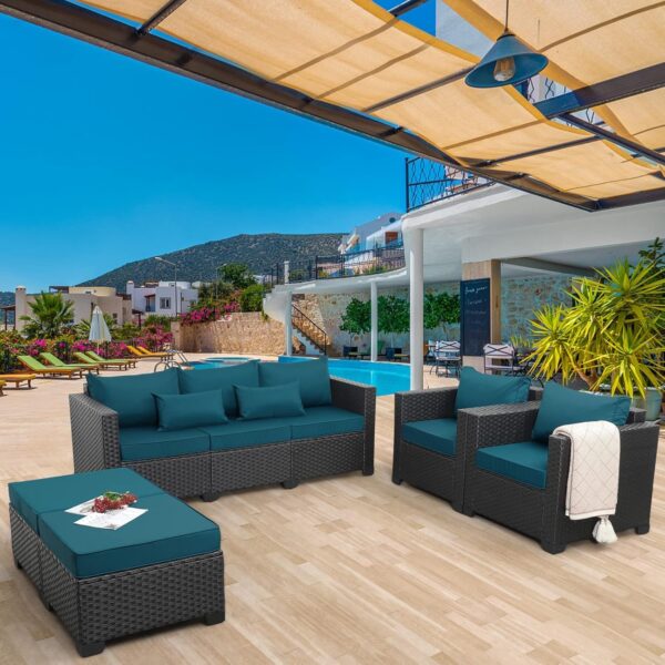 HOLYSOUL 7 Seater Sofa Set for Balcony Wicker Rattan Garden Sofa with Cushion (Brown & Blue)