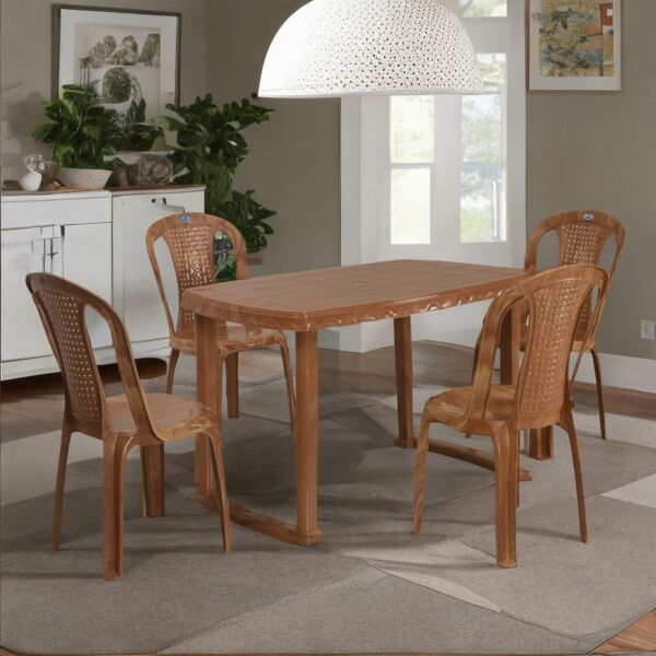 Nilkamal Shahensha Rectangular 4 Seater Virgin Plastic Dining Table Set for Dining Room | Indoor & Outdoor |Home Office | Hotel, Caf and Restaurants | 1 Dining Table with 4 Chairs | Color Pear Wood