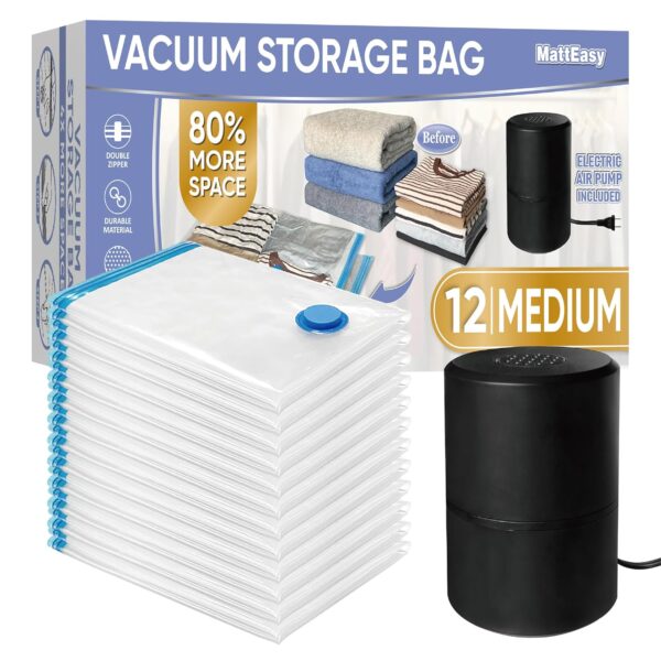 MattEasy Polyethylene Vacuum Storage Bags With Electric Air Pump, 12 Medium (27.5X19, 5In, Space Saver Sealed For Clothes, Comforters, Blankets, Bedding, Pump Black, White) MattEasy Polyethylene Vacuum Storage Bags With Electric Air Pump, 12 Medium (27.5X19, 5In, Space Saver Sealed For Clothes, Comforters, Blankets, Bedding, Pump Black, White)