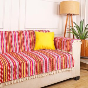 STITCHNEST Woven 1 Seater Sofa Protector with Hand Rest Covers Red & White Stripe Design Washable Fabric with Tassels Stylish Sofa Cover for Modern Living Room & Furniture Dcor STITCHNEST Woven 1 Seater Sofa Protector with Hand Rest Covers Red & White Stripe Design Washable Fabric with Tassels Stylish Sofa Cover for Modern Living Room & Furniture Dcor