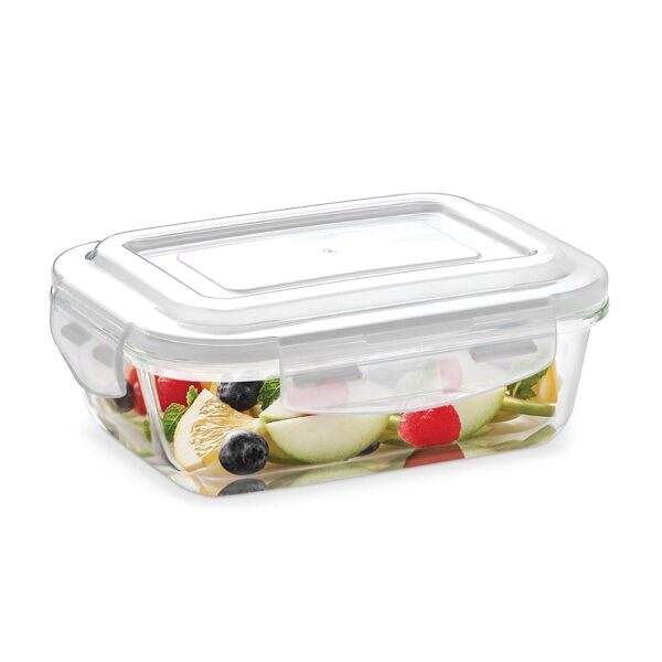 Borosil Klip N Store Glass Storage Container For Kitchen With Air-Tight Lid, Microwave & Oven Safe, Rectangular, 370 ml, Clear
