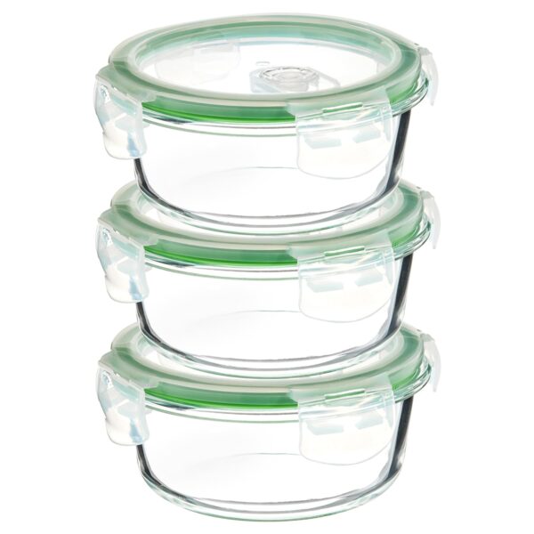 Amazon Brand - Solimo Borosilicate Glass Container with Air-Vent Lid (420ml Each) | Airtight & Leak-Proof | Freezer, Microwave & Dishwasher Safe (Set of 3) (Round Shaped) (Transparent) Amazon Brand - Solimo Borosilicate Glass Container with Air-Vent Lid (420ml Each) | Airtight & Leak-Proof | Freezer, Microwave & Dishwasher Safe (Set of 3) (Round Shaped) (Transparent)