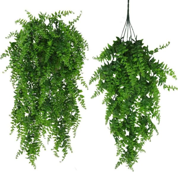 Dekorly Artificial Plants Greenery Boston Fern Persian Rattan, Fake Hanging Plant Ivy Vine Outdoor UV Resistant,Faux Plastic Plants Vines for Jungle Party Decorations Home Dcor (2 Pack)