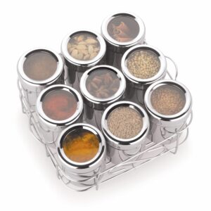 STEEPLE Squre Plus Stainless Steel Masala Box | Spice Box with See-Through Lid | Masala Dani for Kitchen | 9 Containers for Organized Spice Storage, 190ml Each Container, Silver STEEPLE Squre Plus Stainless Steel Masala Box | Spice Box with See-Through Lid | Masala Dani for Kitchen | 9 Containers for Organized Spice Storage, 190ml Each Container, Silver