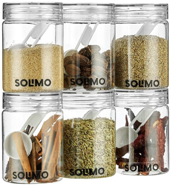 Amazon Brand - Solimo Plastic Storage Jar & Containers Set With Spoon | Air Tight & BPA Free | Kitchen Container Set | Multipurpose Jar | 300 ML Set 6 (Transparent) Amazon Brand - Solimo Plastic Storage Jar & Containers Set With Spoon | Air Tight & BPA Free | Kitchen Container Set | Multipurpose Jar | 300 ML Set 6 (Transparent)