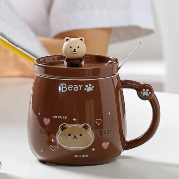 Vasukie Bear Coffee Mug with Lid & Steel Spoon, Mugs forBest Amazon Deals