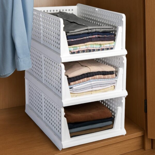 HomeStrap Set of 3, Stack it Up | Large Cloth Stacker | Foldable Shirt Storage Stacker for Wardrobe | Plastic Stackable Closet Organizer | White | 44L x 33W x 19H Centimeters HomeStrap Set of 3, Stack it Up | Large Cloth Stacker | Foldable Shirt Storage Stacker for Wardrobe | Plastic Stackable Closet Organizer | White | 44L x 33W x 19H Centimeters
