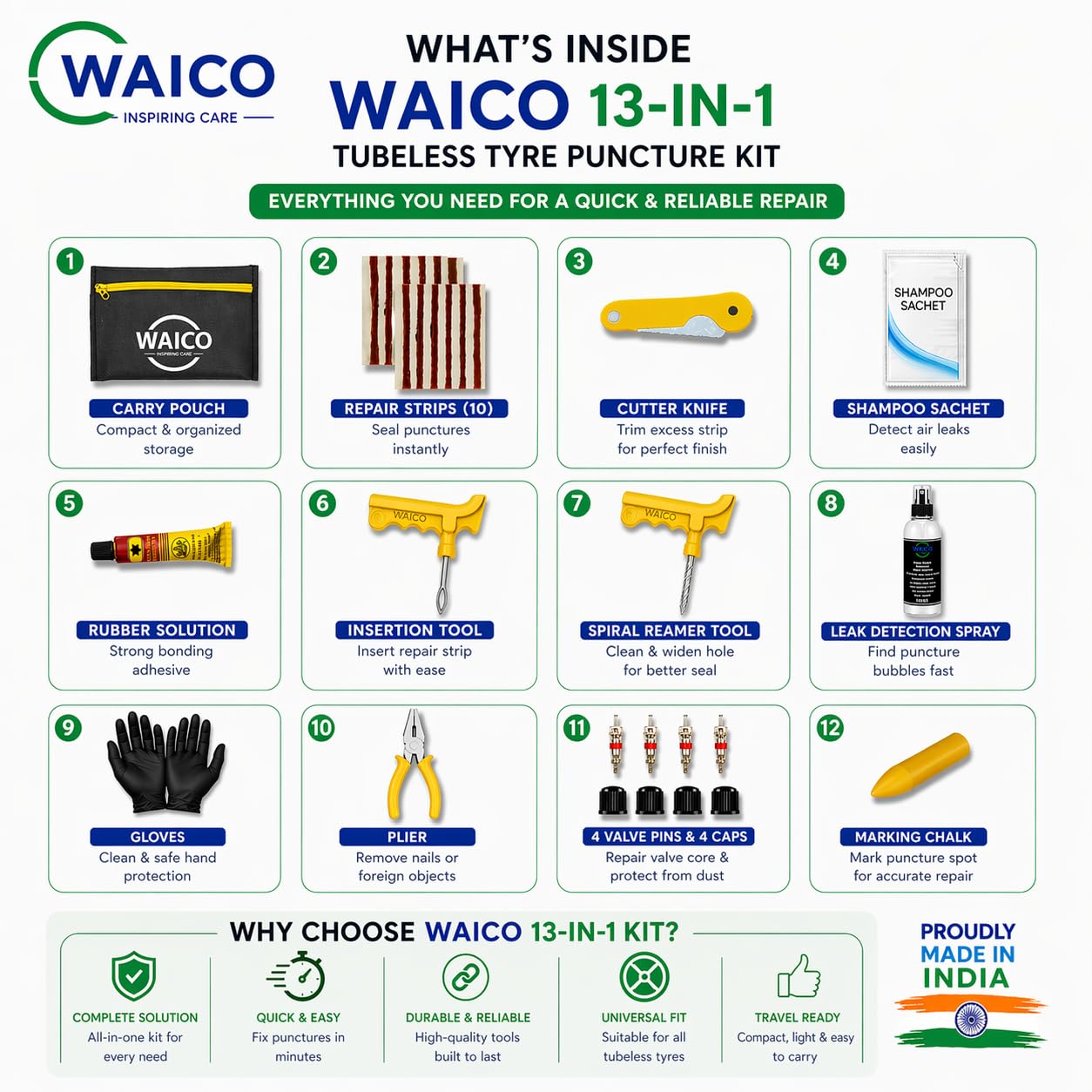 WAICO 13 in 1 Tubeless Tyre Puncture Kit | Reamer,Best Amazon Deals