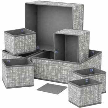 Skrill 8-Piece Foldable Cloth Storage Box Set | Cube Baskets, Bins & Dividers for Closet & Dresser Drawer Organization - Crosshatch Grey