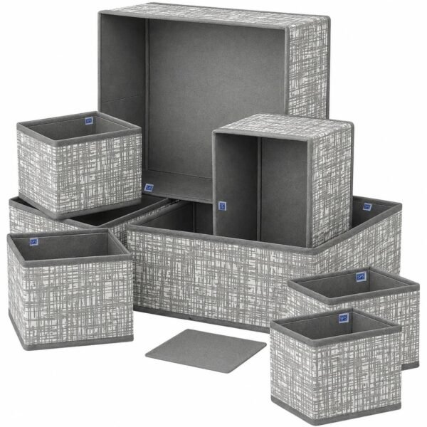 Skrill 8-Piece Foldable Cloth Storage Box Set | Cube Baskets, Bins & Dividers for Closet & Dresser Drawer Organization - Crosshatch Grey