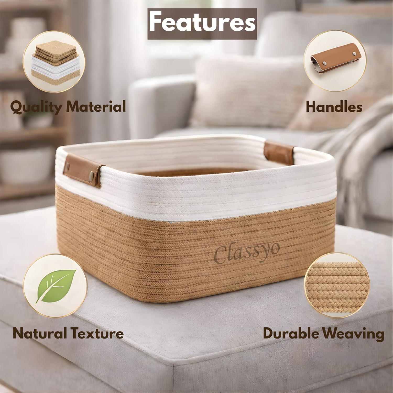 Classyo Cotton Jute Basket for Storage (12 X 8 X 5 INCH),Best Amazon Deals