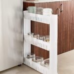 Amazon Basics Slim Rolling Storage Rack  3-Tiered Shelf Plastic Slide-Out Organizer | Space-Saving, Multipurpose | for Kitchen, Bathroom, Laundry, Pantry & Utility Storage | Floor Standing | White