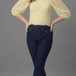 Floral Print Crop Top, Yellow, Ruched Front, Puff Sleeves, Square Neck