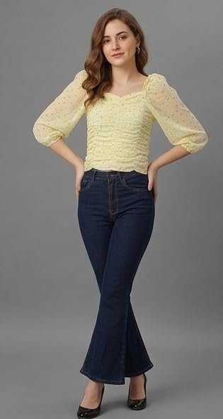 Floral Print Crop Top, Yellow, Ruched Front, Puff Sleeves, Square Neck