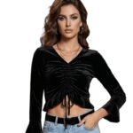 SXV STYLE Women's Velvet Crop Top with Ruched Front, Bell Sleeves, Black