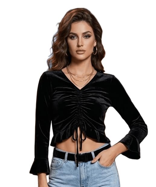 SXV STYLE Women's Velvet Crop Top with Ruched Front, Bell Sleeves, Black