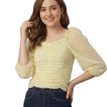 Floral Print Crop Top, Yellow, Ruched Front, Puff Sleeves, Square Neck