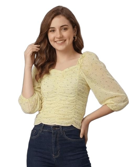 Floral Print Crop Top, Yellow, Ruched Front, Puff Sleeves, Square Neck