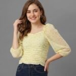 Floral Print Crop Top, Yellow, Ruched Front, Puff Sleeves, Square Neck