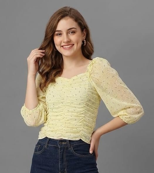 Floral Print Crop Top, Yellow, Ruched Front, Puff Sleeves, Square Neck