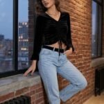 SXV STYLE Women’s Velvet Crop Top with Ruched Front, Bell Sleeves, Black