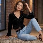 SXV STYLE Women’s Velvet Crop Top with Ruched Front, Bell Sleeves, Black