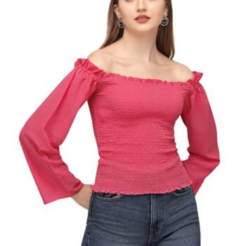 SXV STYLE Off Shoulder Smocked Top, Long Bell Sleeves, Coral Pink