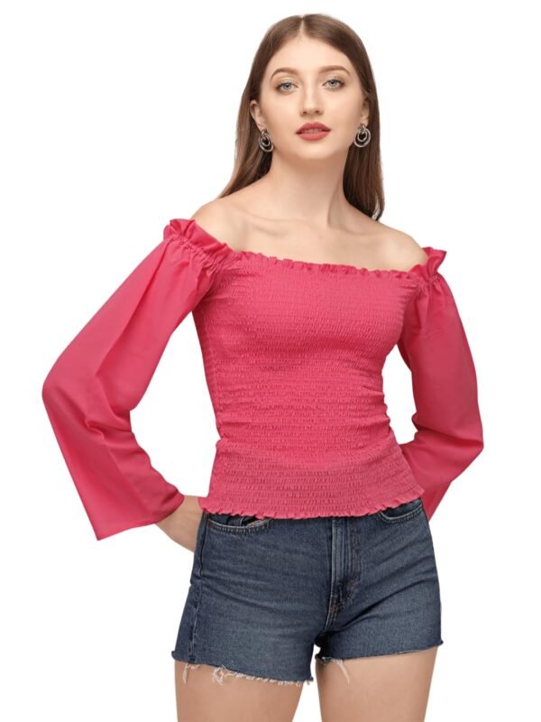 SXV STYLE Off Shoulder Smocked Top, Long Bell Sleeves, Coral Pink