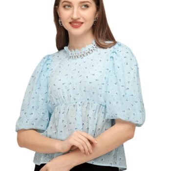 SXV STYLE Floral Print Puff Sleeve Blouse, Light Blue,Best Amazon Deals