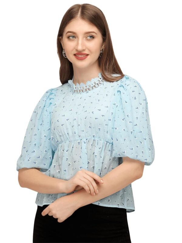 SXV STYLE Floral Print Puff Sleeve Blouse, Light Blue,Best Amazon Deals