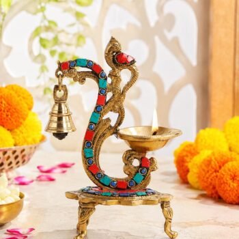 Two Moustaches 100% Pure Brass Diya with Bell , GemstoneBest Amazon Deals
