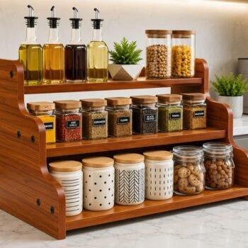 SAFAK 3-Tier Spice Rack, 13.8 Inch Wood Step ShelfBest Amazon Deals