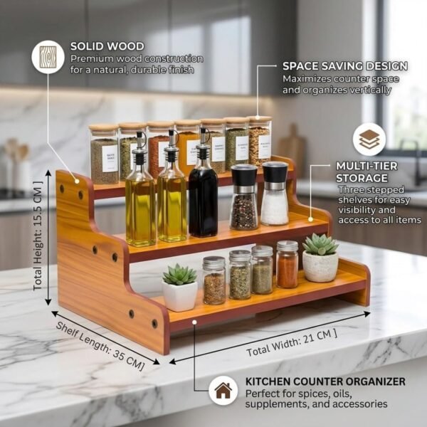 SAFAK 3-Tier Spice Rack, 13.8 Inch Wood Step ShelfBest Amazon Deals