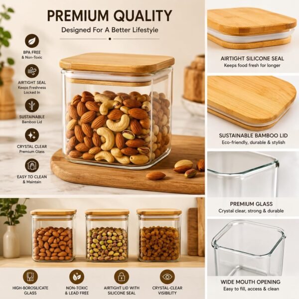 750 ml Square Glass Jar with Wooden Lid, Airtight FoodBest Amazon Deals