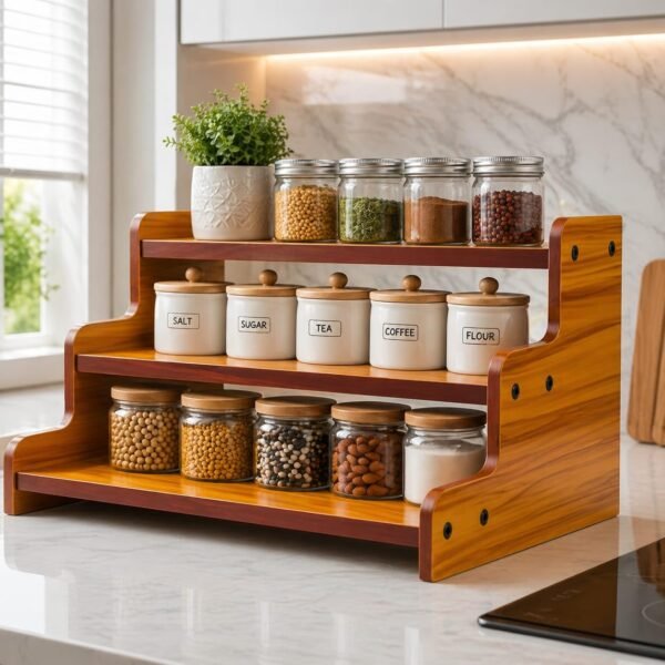 SAFAK 3-Tier Spice Rack, 13.8 Inch Wood Step ShelfBest Amazon Deals