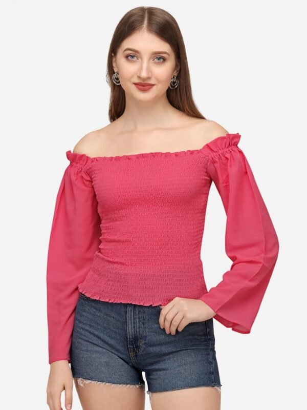 SXV STYLE Off Shoulder Smocked Top, Long Bell Sleeves, Coral Pink